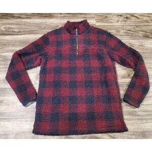 Alpine Sherpa Men's Medium 1/4 Zip Jacket Pullover Buffalo Plaid Red Black Check